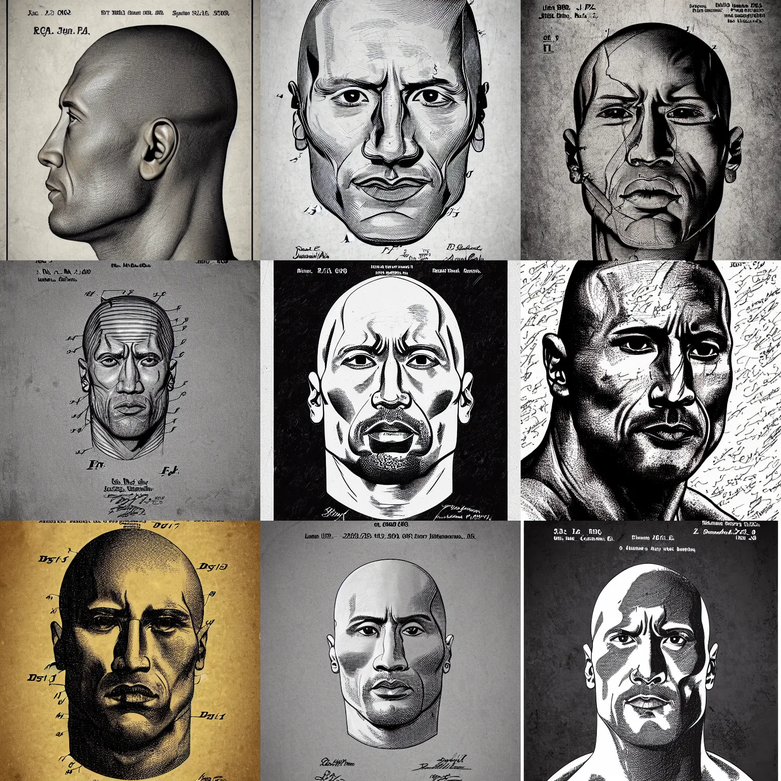 Prompt: us patent drawing of dwayne johnson's head