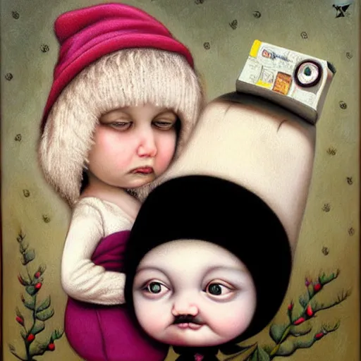 Image similar to there's an infant clinging to his overweight mother in the cold as they go to shop for cigarettes, lowbrow painting by mark ryden