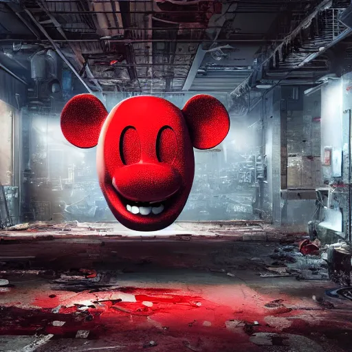 Image similar to a giant mickey mouse head, factory floor, dissected by a group of network executives, octane render, cgstation, 3 d render, very detailed, mindblowing, blood and guts, gritty, cyberpunk, red and cinematic lighting, hyper realism