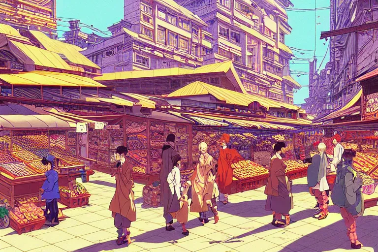 Image similar to cel shaded study of a busy market in a fantasy late renaissance city, key visual with intricate linework, in the style of moebius, ayami kojima, 90's anime, retro fantasy