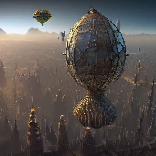 Image similar to enormous flying city in a faberge egg, sky, steampunk, fantasy art, masterpiece, unreal engine, hugh ferriss