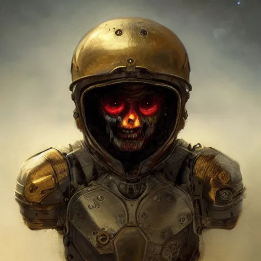 Prompt: breathtaking soft painting of angry zombie with an intricate retrofuturistic helmet in a golden sky, realistic symmetrical face features, rembrandt style, elegant, highly detailed, artstation, concept art, matte, sharp focus, art by tom bagshaw, and greg rutkowski