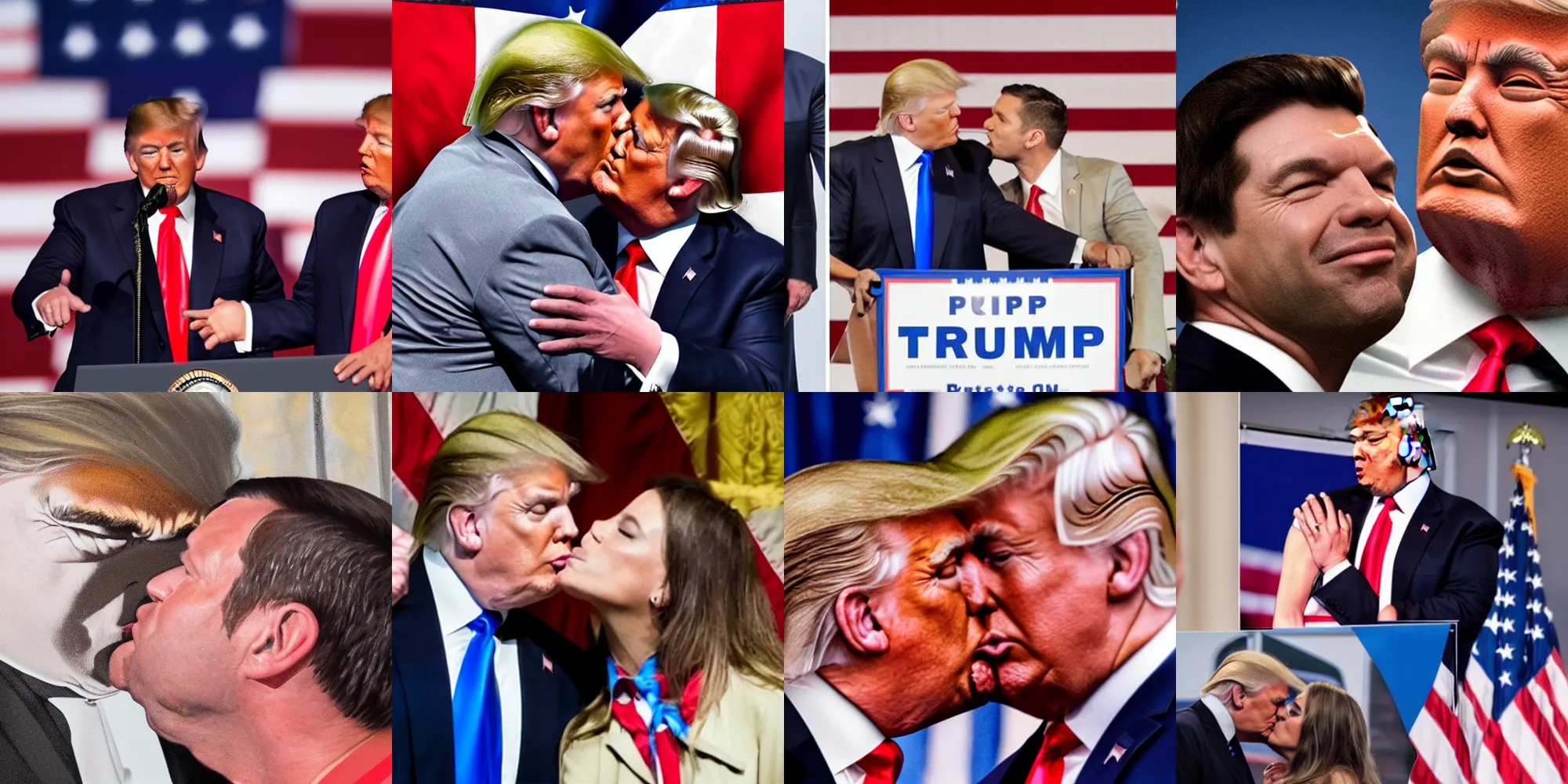 Prompt: Trump passionately kissing Desantis photorealistic, romantic