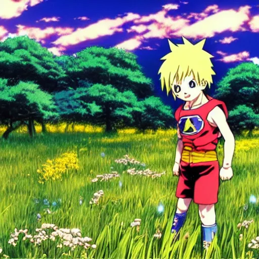 Prompt: “Anime key visual of a young innocent boy with yellow hair and lightning powers in a meadow, detail, 8k, anime, detailed eyes, official media, big eyes, short body, Illustrated by Akira Toriyama, Illustrated by Kohei Horikoshi, official media”