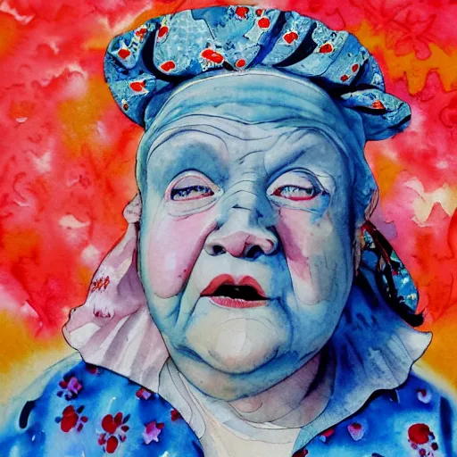 Image similar to of a very funny graffiti style watercolor painting of a sweet fat old woman is in love with her self. flowery dress. symmetrical face, red mouth, blue eyes. a flowery dress. deep focus, lovely scene. a very funny and sweet picture. unreal engine. pencil and ink. goya painting style.