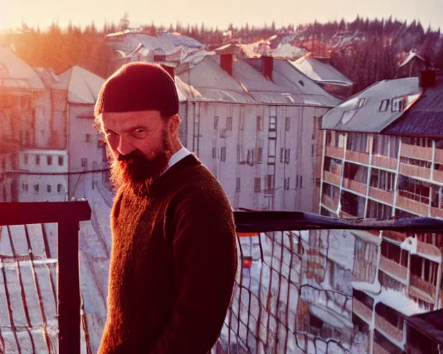 Image similar to 4 0 years russian man with beard and sweater standing on small hrushevka 9 th floor balcony in taiga looking at sunset, award - winning lomographic tarkovsky film still, kodak ektar, bokeh