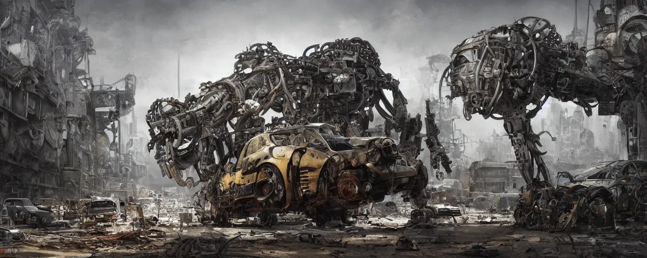 Image similar to an intricate concept art of a mechanical coming out to life in a junkyard, post - apocalyptic, hyper maximalist, matte painting, ultra detail, concept art, hyper realistic, cgsociety, hyper maximalist, artstation, deviantart, style by feng zhu and dylan cole, octane render, anime style