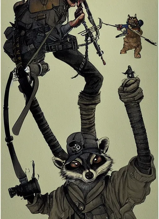 Prompt: a dieselpunk character illustration of an anthropomorphic raccoon soldier, by victo ngai, by stephen gammell, by george ault, by jack gaughan, artstation