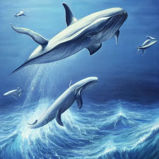 Image similar to an modern hyperrealistic painting of helicopters flying underwater around a big whale