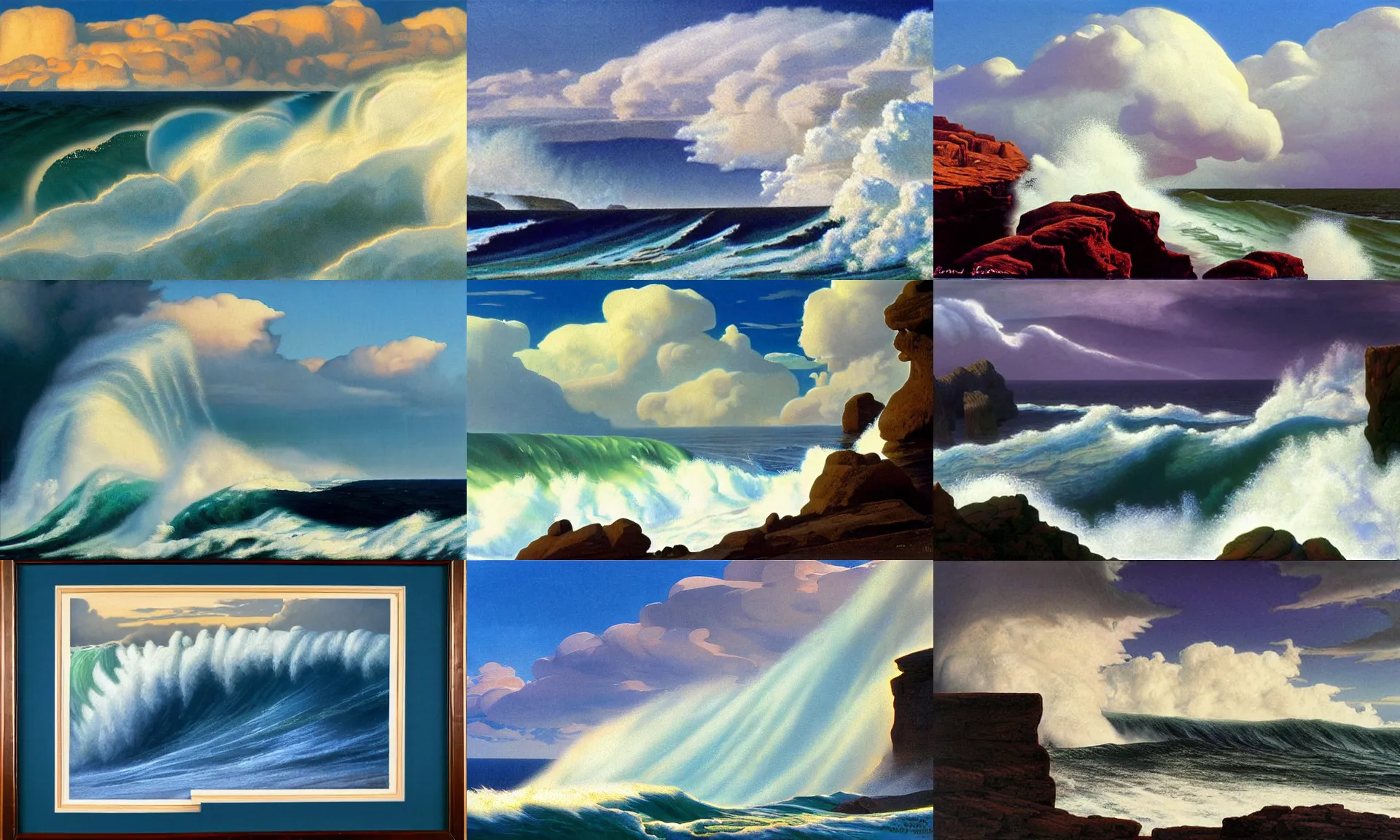 Prompt: sea and sky, big wave and foam, cliffs, stormy sky, cumulonimbus, artwork by frederick judd waugh and ruo li and ed mell