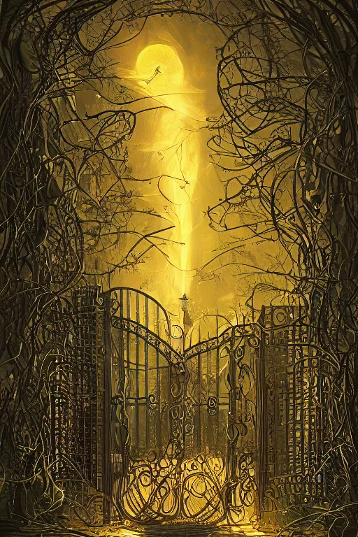 Image similar to a beautiful digital illustration painting of a detailed gothic fantasy fireflies and iron gate vines by giorgio de chirico, and david rios ferreira. 8 k resolution trending on artstation concept art digital illustration