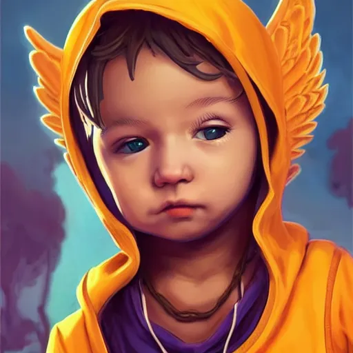 Image similar to baby Angel, baby cherub,wearing angel halo, ski mask, balaclava, face covered, wearing angel halo covered face, orange hoodie, hip hop, multiple golden necklaces, fantasy art apex fortnite Video game icon, 2d game art gta5 cover , official fanart behance hd artstation by Jesper Ejsing, by RHADS, Makoto Shinkai and Lois van baarle, ilya kuvshinov, rossdraws