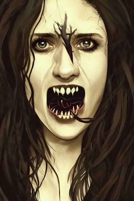 Image similar to nina dobrev in sleepy hollow, full body, big two toned eyes, teeth gritted, horror, intricate details, cinematic, epic, realistic, anatomy, tomer hanuka, uplight, artstation, photorealistic, scary