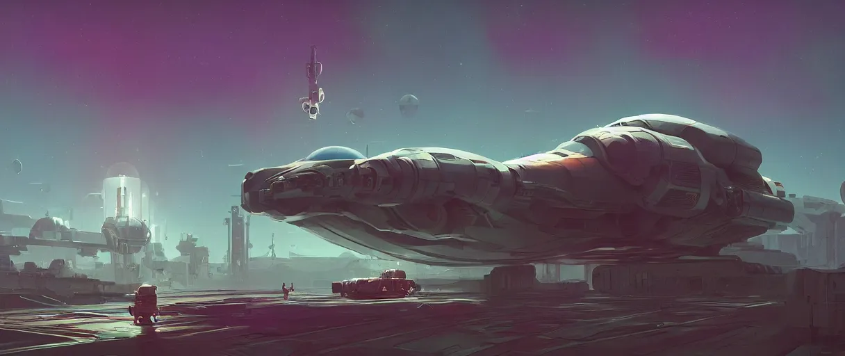 Image similar to concept art, industrial design spaceship drifting in space, dreamy, very large scales, brutalistic style, cinematic lighting, 4k, widescreen ratio, in the color palette of simon stalenhag