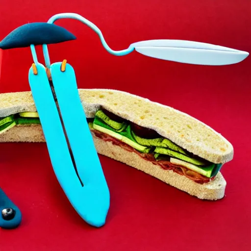 Image similar to an extremely high quality photo of a surreal helicopter-guitar-sandwich, the polymer clay creation, a hybrid mixture of sandwichguitarhelicopter and guitarsandwichelicopter, promotional photo, 4k food photography