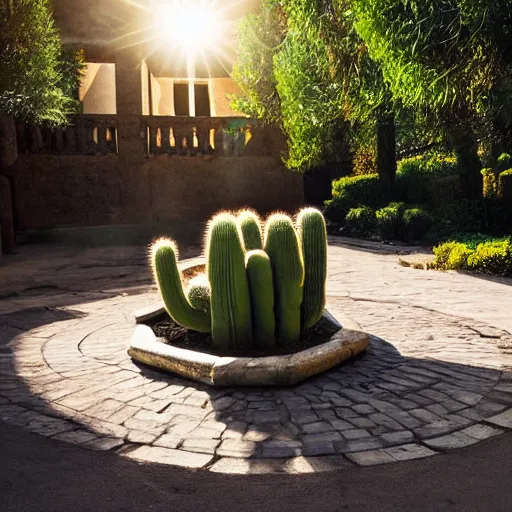 Prompt: a gigantic cactus in the centre of a courtyard, sun streaming in, shadows, high detail, realistic photo