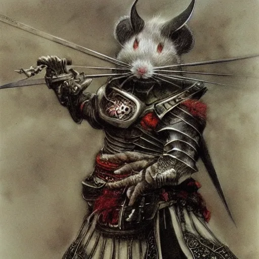 Image similar to an anthropomorphic white mouse samurai wearing armor by Eiko Ishioka cinematic concept painting by brian froud and hr giger