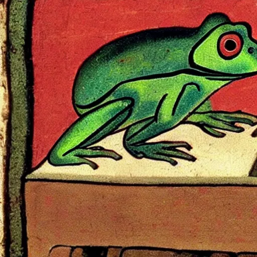 Image similar to medieval painting of a frog behind a computer