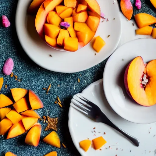 Image similar to beautiful photo a fairy made of peaches, mangoes and sprinkles, on a white plate, dslr