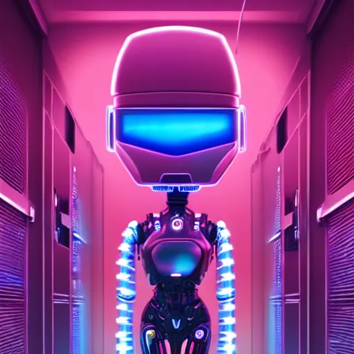 Prompt: highly detailed surreal neon robot android in the data center. robocop, scream, stephen bliss, unreal engine, greg rutkowski, loish, rhads, beeple, makoto shinkai and lois van baarle, ilya kuvshinov, rossdraws, tom bagshaw, global illumination, detailed and intricate environment