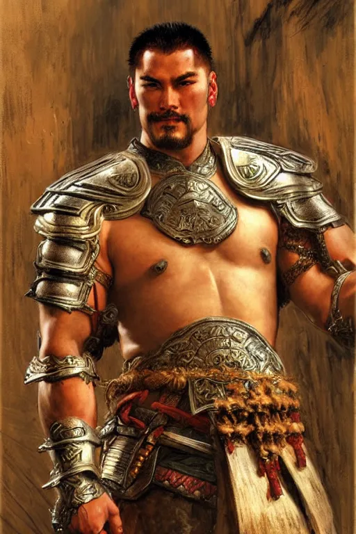 Image similar to attractive beefy male with armor, ancient china, three kingdoms, character design, painting by gaston bussiere, craig mullins, j. c. leyendecker, tom of finland