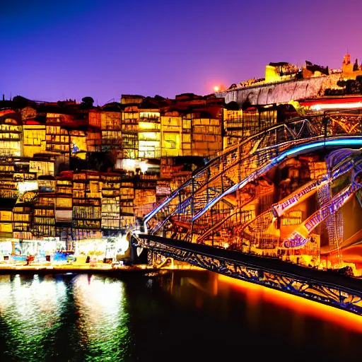 Image similar to cinematic shot of the city of Porto Portugal, with neon lights and flying cars