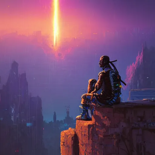 Image similar to a cyberpunk zulu warrior sitting on a cliff watching a meteor fall to earth from a distance, by alena aenami and android jones and greg rutkowski, Trending on artstation, hyperrealism, elegant, stylized, highly detailed digital art, 8k resolution, hd, global illumination, radiant light, detailed and intricate cyberpunk ghetto environment, rendered in octane, oil on canvas, wide angle, dynamic portrait