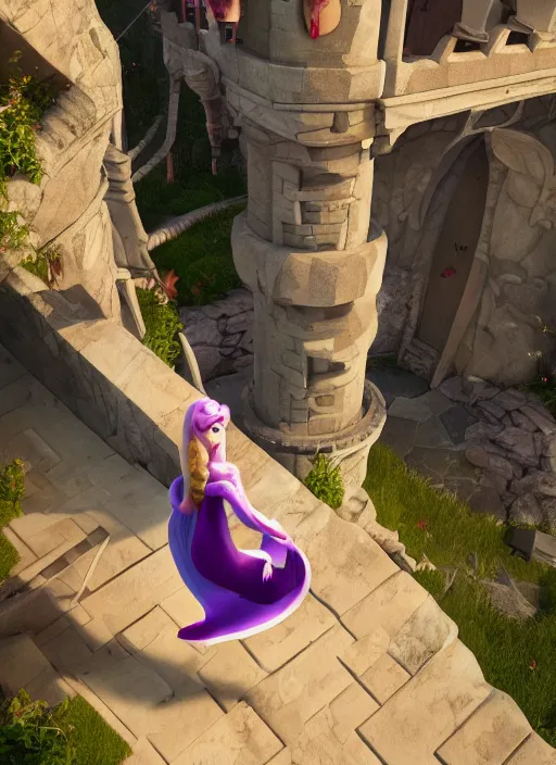 Image similar to rapunzel is throwing her long hair so the prince can climb the tower, unreal 5, DAZ, hyperrealistic, octane render, cosplay, RPG portrait, dynamic lighting