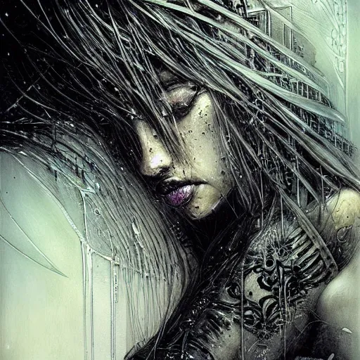 Prompt: the brittle. digital painting, vertical lines, intricate, beautiful, detailed, grunge, illustration, abstract art by luis royo, trending on artstatio. darker bottom