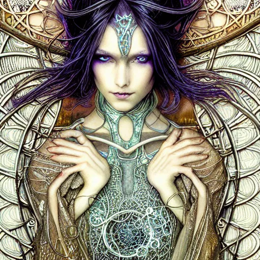 Image similar to a closeup portrait of a beautiful art nouveau cyberpunk scientist in filigree fractal robes by ted nasmith and luis royo