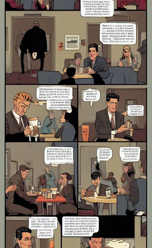 Image similar to Twin Peaks comic page of Dale Cooper feeling love and comfort with coffee & pie in the RR Diner by Tomer Hanuka