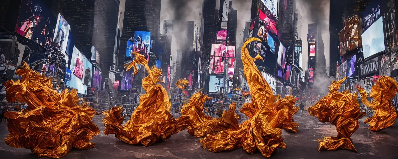 Prompt: 'Deamons unleashed in Times Square' by István Sándorfi royally decorated, whirling smoke, embers, gold encrustations , gilt silk torn fabric, radiant colors, fantasy, perfect lighting, studio lit, volumetric lighting, micro details, 3d sculpture,