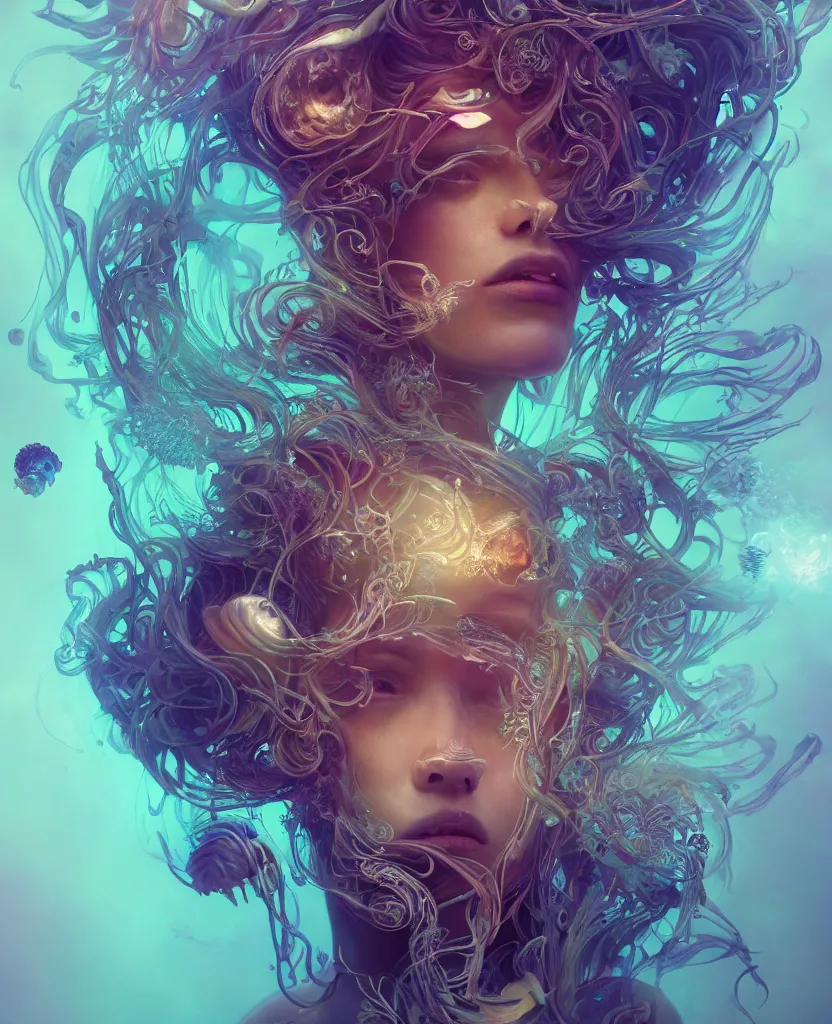 Prompt: goddess close-up portrait. chimera orchid jellyfish phoenix head, nautilus, skull, betta fish, bioluminiscent creatures, intricate artwork by Tooth Wu and wlop and beeple. octane render, trending on artstation, greg rutkowski very coherent symmetrical artwork. cinematic, hyper realism, high detail, octane render, 8k