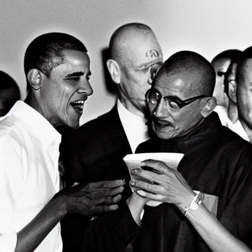 Image similar to Barack Obama having a rap battle against Ghandi, historical photo, 1962