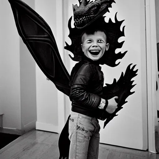 Prompt: by herve guibert, by georg baselitz soft fish - eye lens. a conceptual art of a young boy disguised as a dragon. the boy is shown wearing a costume with dragon - like features, including a long tail, wings, & horns. he has a large grin on his face, suggesting that he is enjoying his disguise.