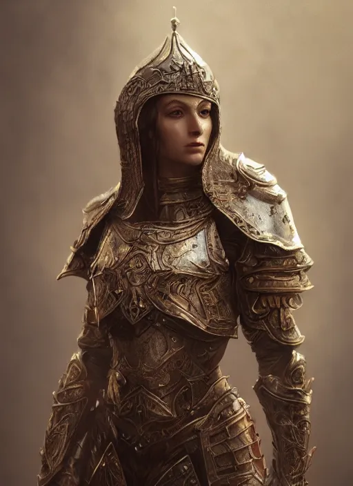 Prompt: realistic full body concept art illustration oil painting of a beautiful crusader-woman in insanely detailed and intricate clothing, octane render, sss, postprocessing, 4k, cinematic lighting