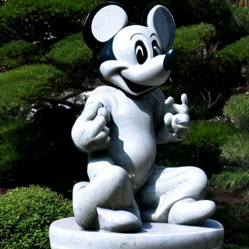 Image similar to marble statue of mickey mouse meditating in a rococo japanese garden