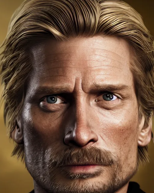 Image similar to jaime donald trump lannister, lord commander of the kingsguard, the kingslayer, close up portrait, highly detailed, hyperrealism, octane render