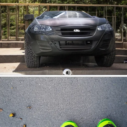 Prompt: someone stole my crocs from my carport, extremely photorealistic, hyper detailed, canon eos - 1 d x mark iii, 3 0 0 mm