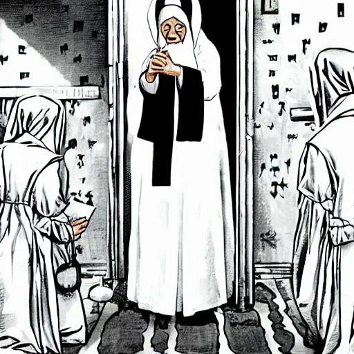 Image similar to nun at a asylum, by alan moore