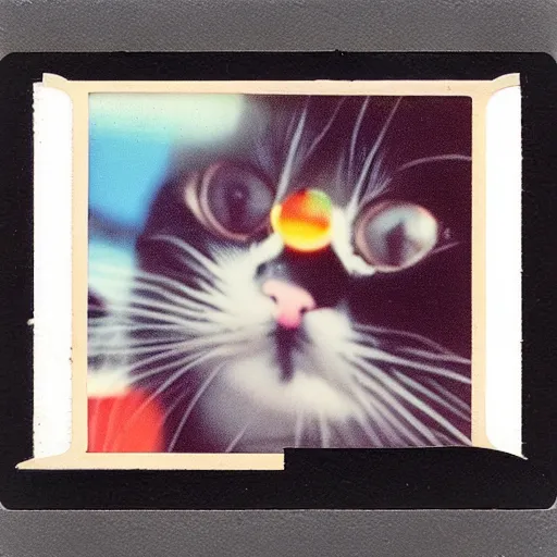 Image similar to happy black cat on a rollercoaster looping. focus on the cat. sunlight. polaroid photo. vivid colors.