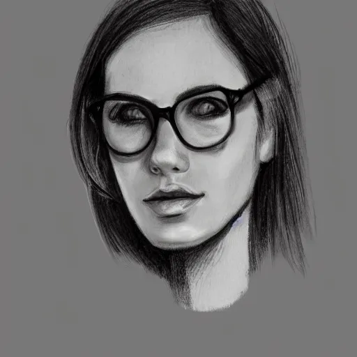 Prompt: Portrait of a woman, long hair, glasses, pencil sketch, concept art