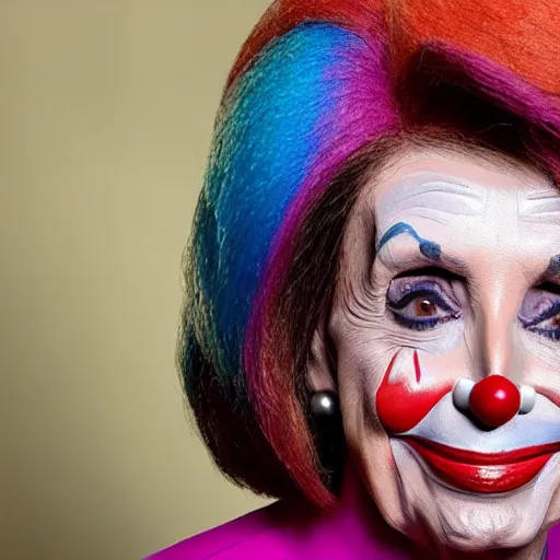 Prompt: Nancy Pelosi as a clown with a clown wig, clown nose and clown makeup whiteface, highly-detailed realistic