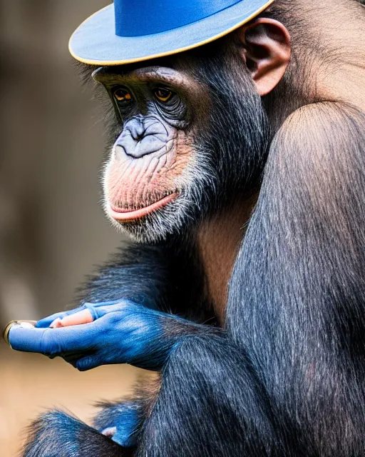 Prompt: gold, blue, photo of a chimpanzee solving a puzzle, blue hat, big cigarre in mouth, 8 k, 8 5 mm f 1. 8