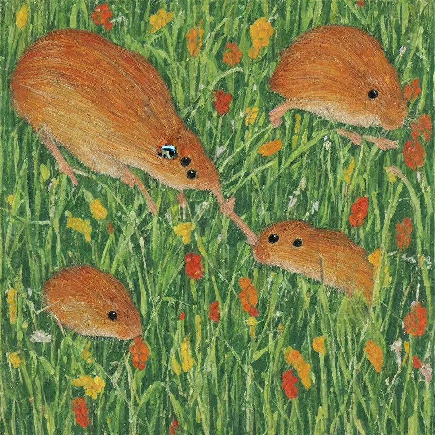 Image similar to harvest mouse in the style of Maud Lewis, oil on canvas