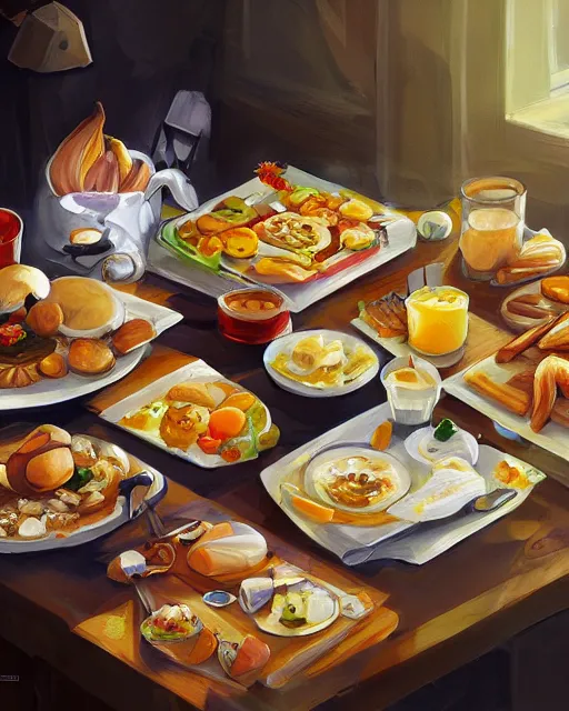 Prompt: a painting of a table full of breakfast foods, concept art by taro yamamoto, pixiv contest winner, auto - destructive art, official art, concept art, pixiv