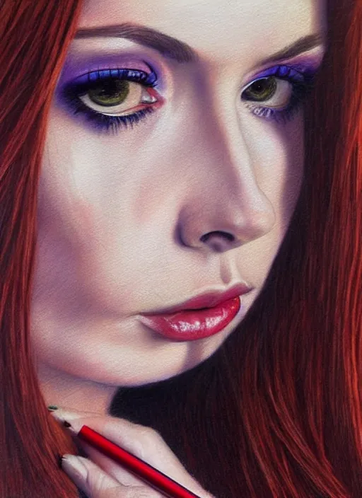 Prompt: sultry look in her eyes Karen Gillan close-up portrait looking straight on, complex artistic color pencil sketch illustration, full detail, gentle shadowing, fully immersive reflections and particle effects.