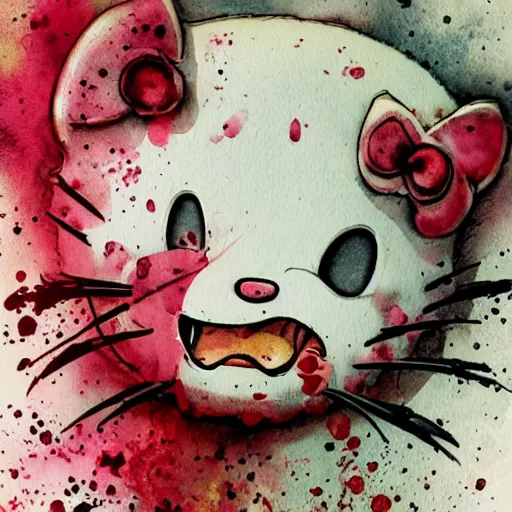 Image similar to vicious roaring hello kitty by Jean-Baptiste Monge, post processing, painterly, book illustration watercolor granular splatter dripping paper texture. Trending on artstation, post processing, pen and ink work. sharp focus.