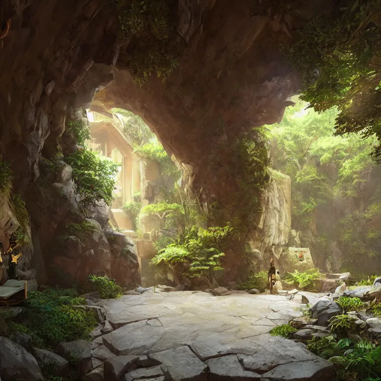 Image similar to secret overwatch hallway for living quarters carved inside a cave surrounding a lush garden, trimmed, magical, natural light, clean lines, cozy, fantasy, minimalist architecture, sharp focus, concept art, by greg rutkowski and craig mullins,, octane render 8 k