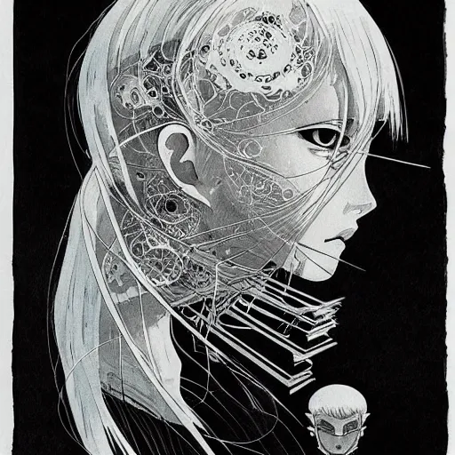 Image similar to prompt: Fragile looking soft light portrait face drawn by Katsuhiro Otomo, inspired by Ghost in Shell anime, magical and alchemical objects on the side, soft light, monochrome background, intricate detail, intricate ink painting detail, sharp high detail, manga and anime 2000